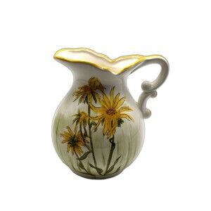 Vintage Enesco Hand painted Ceramic Pitcher White With Yellow Flowers And Green